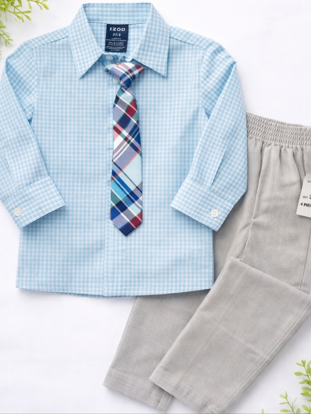 IZOD Boys 3T Dress Outfit Set Shirt Pants Tie Blue Plaid NWT Formal